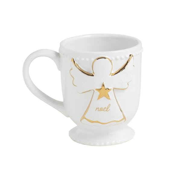White footed ceramic mug with gold angel figure and 'noel' script, angled view