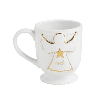 White footed ceramic mug with gold angel figure and 'noel' script, angled view