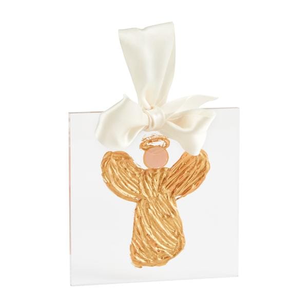 Square acrylic ornament with textured gold angel figure and cream satin bow hanger