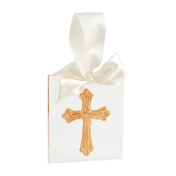 White square acrylic ornament with gold textured cross and ivory satin bow ribbon hanger