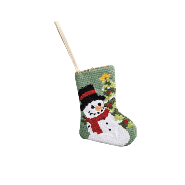 Small needlepoint Christmas stocking featuring a snowman with red scarf and black hat near a decorated tree