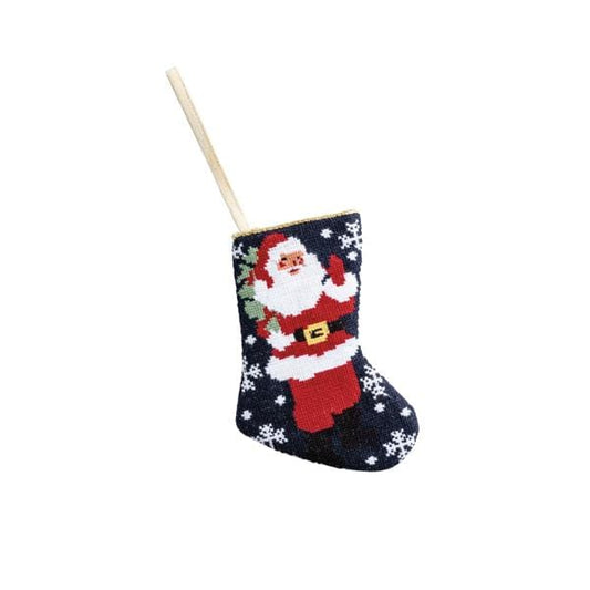 Small needlepoint Christmas stocking with Santa Claus on navy background with white snowflakes