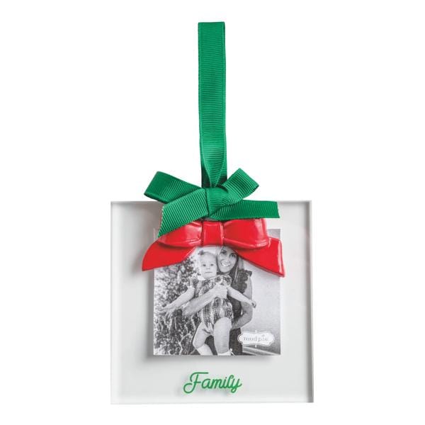 Square white acrylic ornament frame with red bow, green ribbon hanger, and 'Family' text
