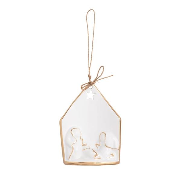 House-shaped ceramic ornament with gold-trimmed nativity silhouette and jute twine hanger