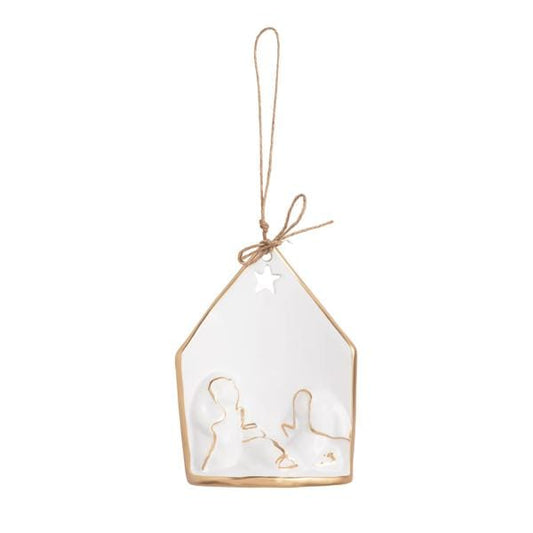 House-shaped ceramic ornament with gold-trimmed nativity silhouette and jute twine hanger