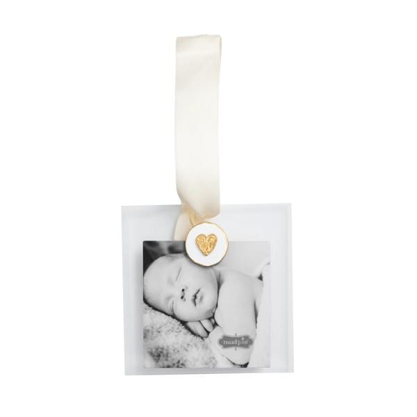 Square clear acrylic photo ornament with gold heart charm, ivory satin ribbon, and baby photo insert