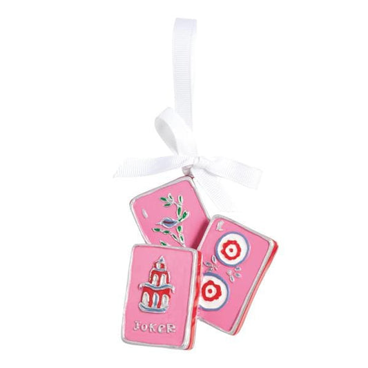 Pink enamel mahjong tile ornament cluster with white ribbon bow, featuring Joker and floral tiles