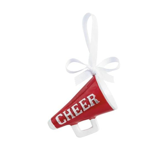 Red miniature cheerleading megaphone ornament with 'CHEER' lettering and white bow ribbon