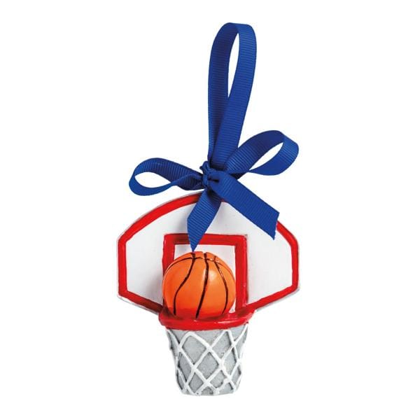 Miniature basketball hoop ornament with orange ball and blue ribbon bow, front view