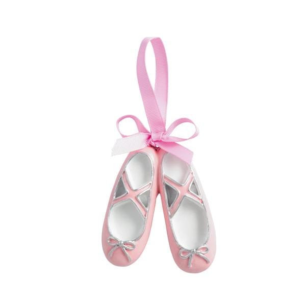 Pair of miniature pink ballet slipper ornaments with silver details and pink ribbon hanger