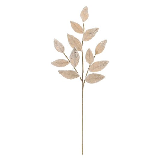Artificial leaf spray stem with glitter-tipped champagne-colored leaves on a single stem