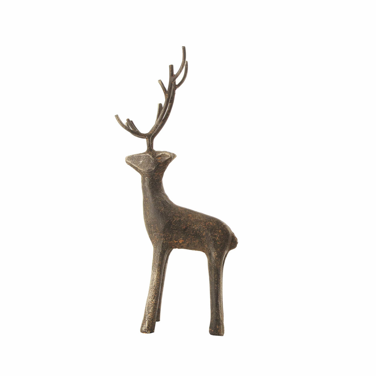 Cast iron standing deer figurine with antlers in antiqued bronze finish