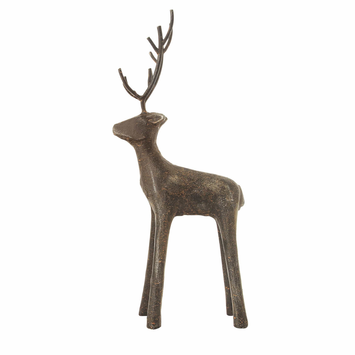 Cast iron standing deer figurine with antlers in dark bronze distressed finish