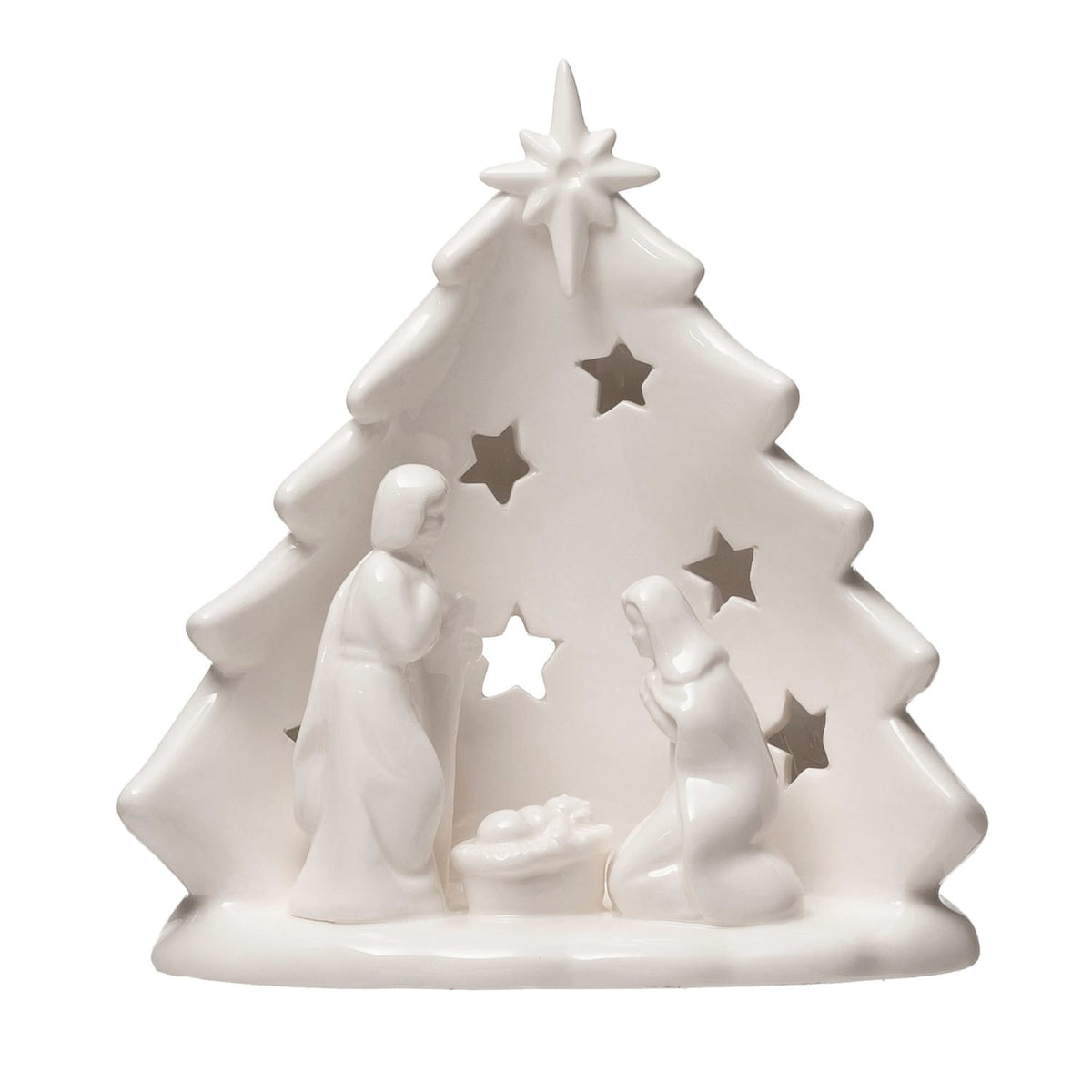 White ceramic nativity scene shaped as Christmas tree with star cutouts and holy family