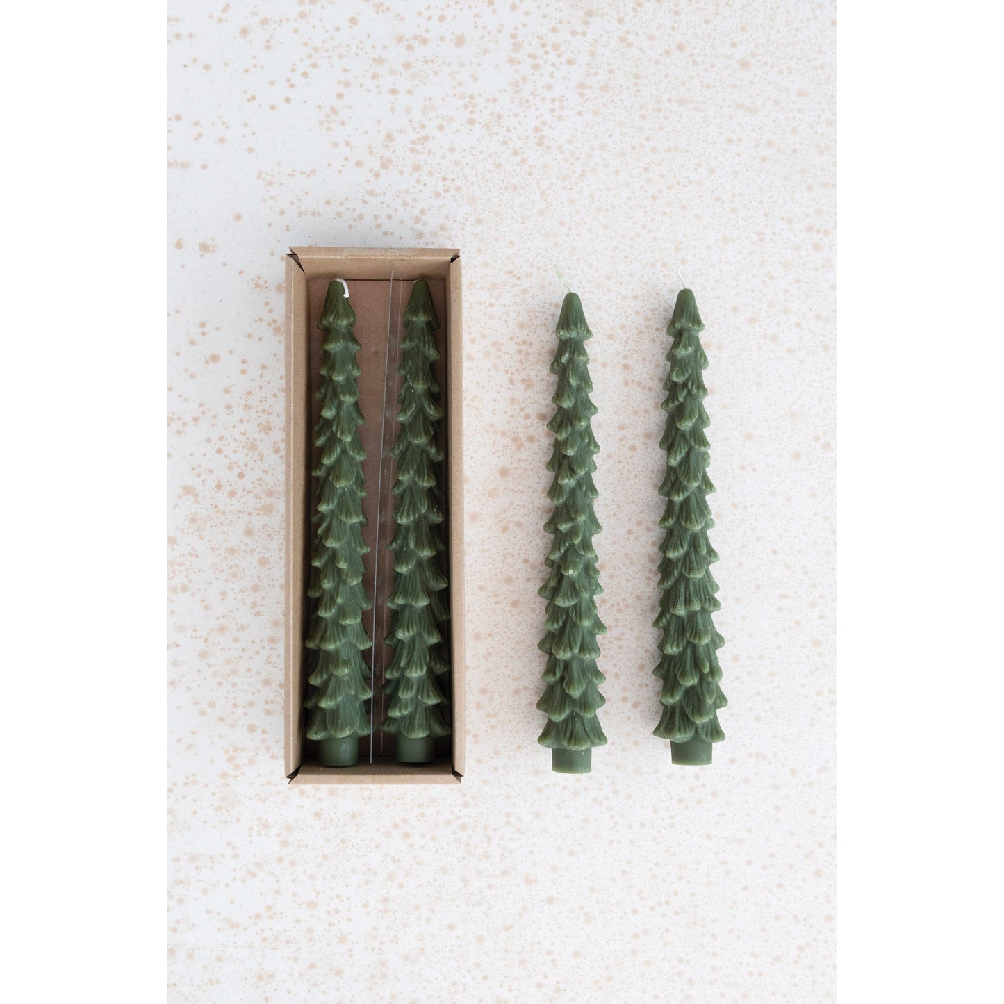 Green Christmas tree shaped taper candles set of 2 in kraft gift box