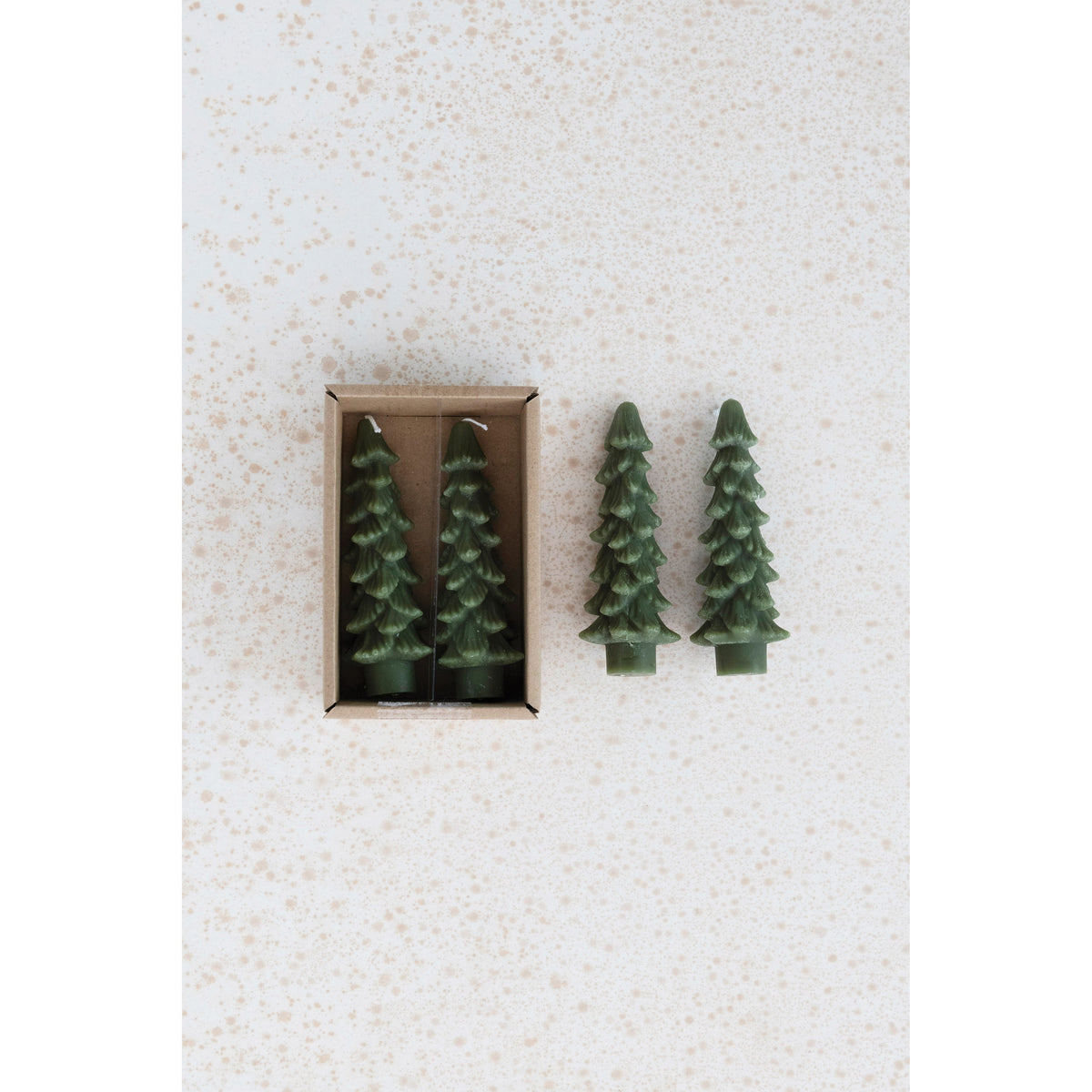 Dark green Christmas tree shaped taper candles set of 2 in kraft box