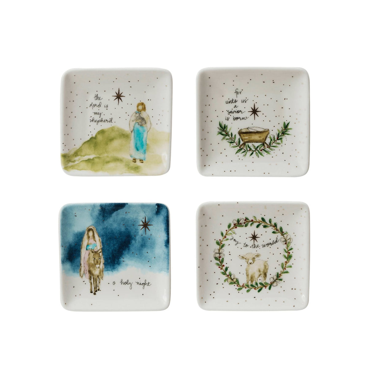 Set of 4 white stoneware dishes with nativity watercolor designs and gold star accents