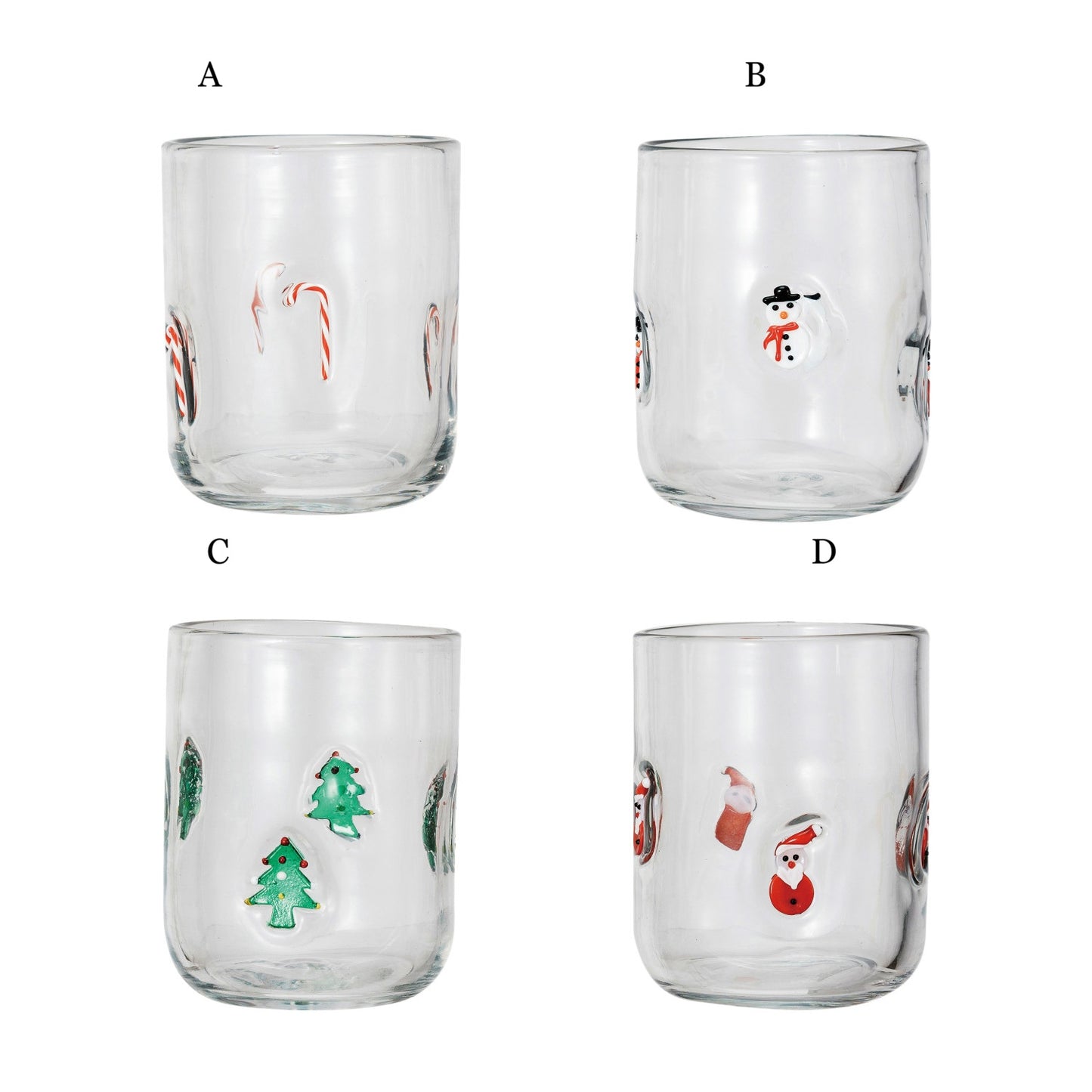Set of 4 clear holiday drinking glasses with candy cane, snowman, Christmas tree, and Santa designs