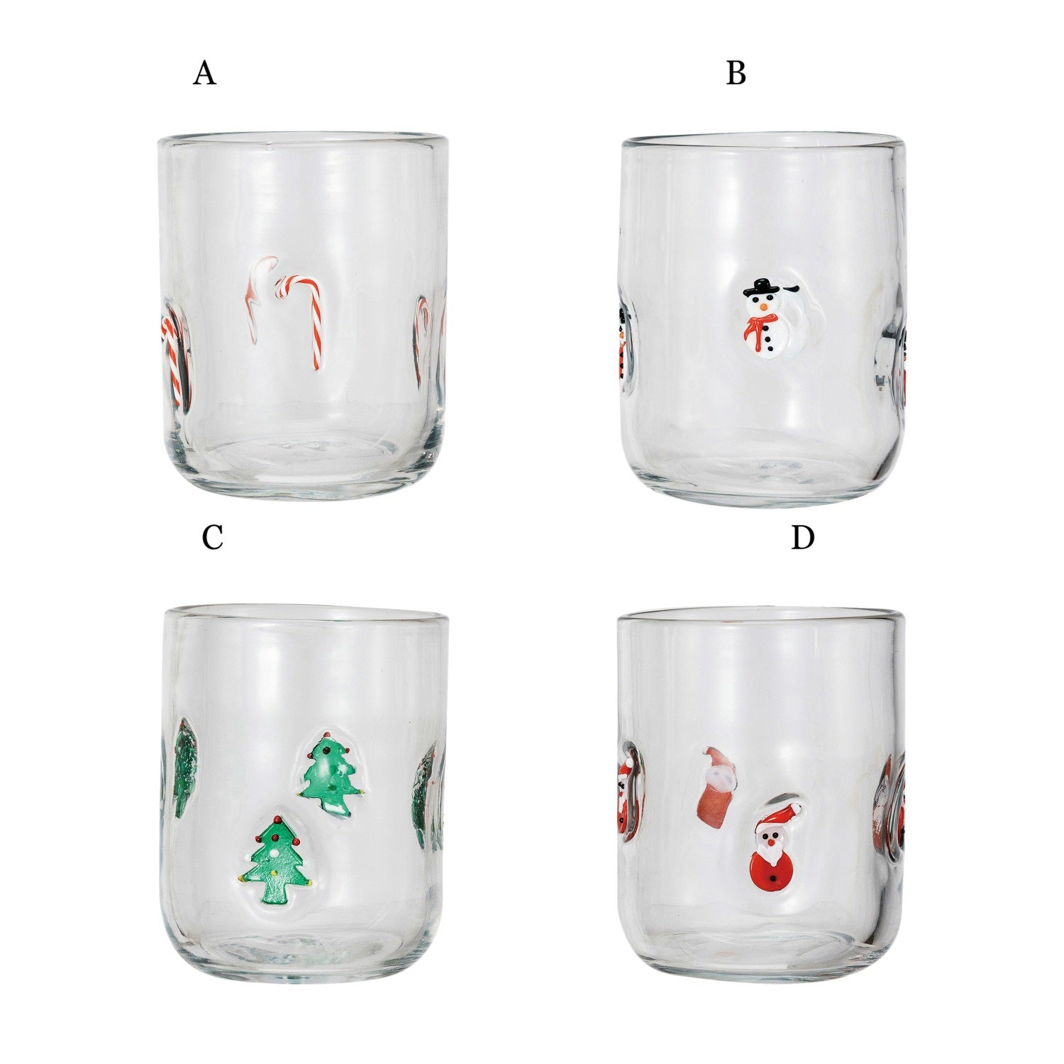 Set of 4 clear holiday drinking glasses with candy cane, snowman, Christmas tree, and Santa designs