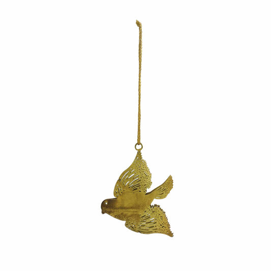 Distressed gold metal bird ornament with filigree cutout detail and braided gold hanging cord