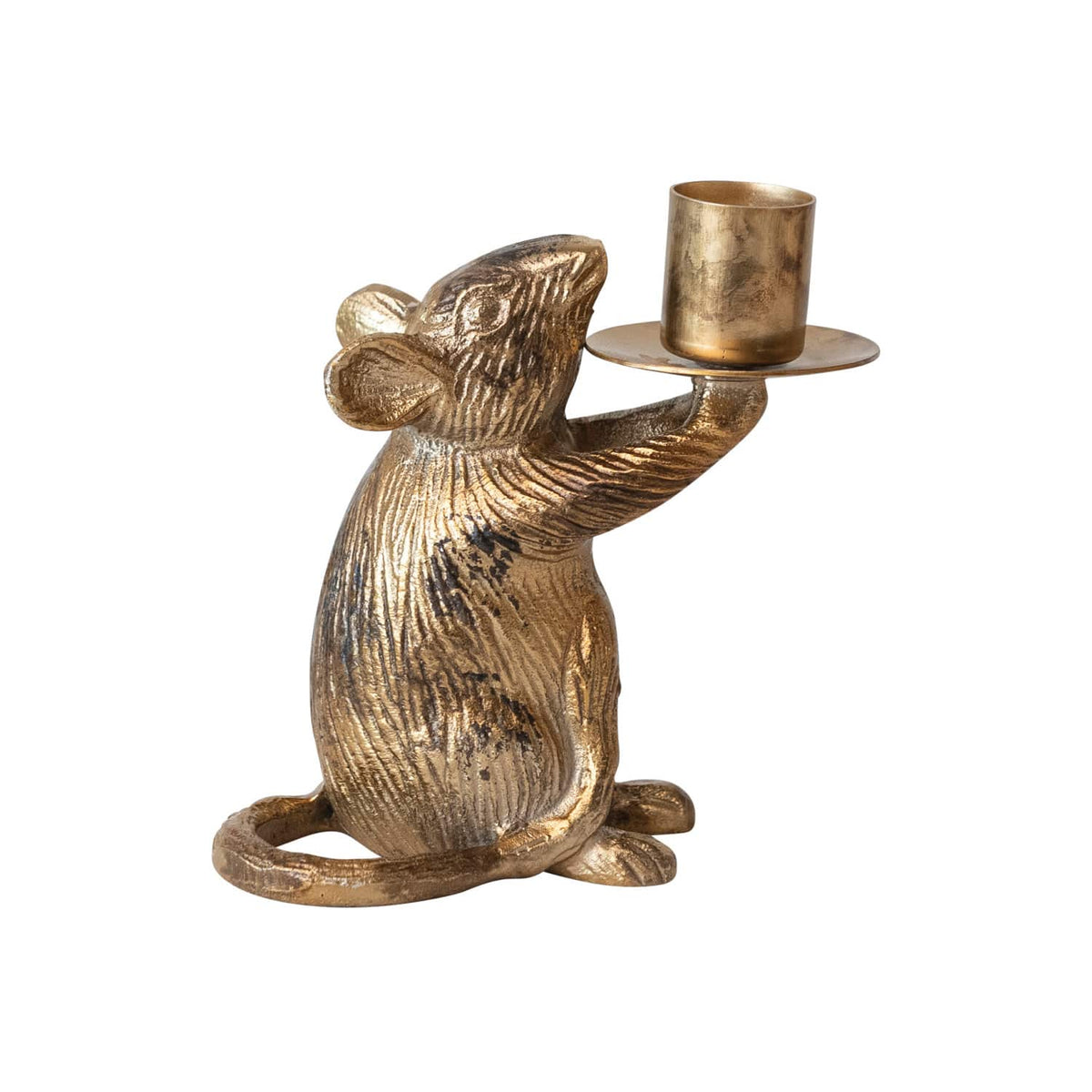 Antique gold cast aluminum mouse figurine taper candle holder with raised arm