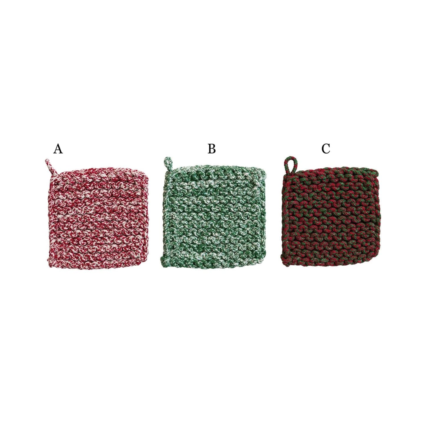 Three crocheted cotton pot holders in red, green, and mixed holiday colors with hanging loops
