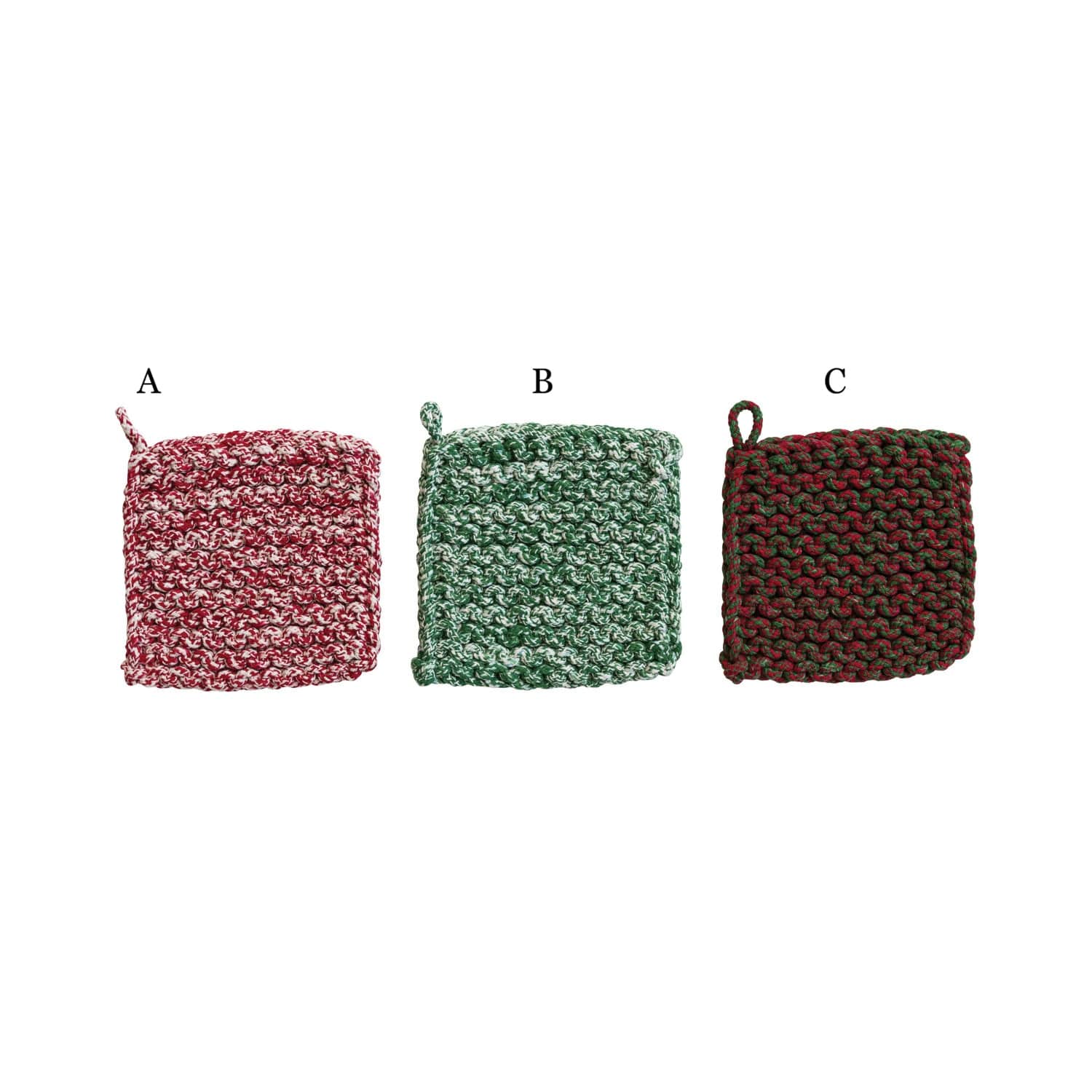 Three crocheted cotton pot holders in red, green, and mixed holiday colors with hanging loops