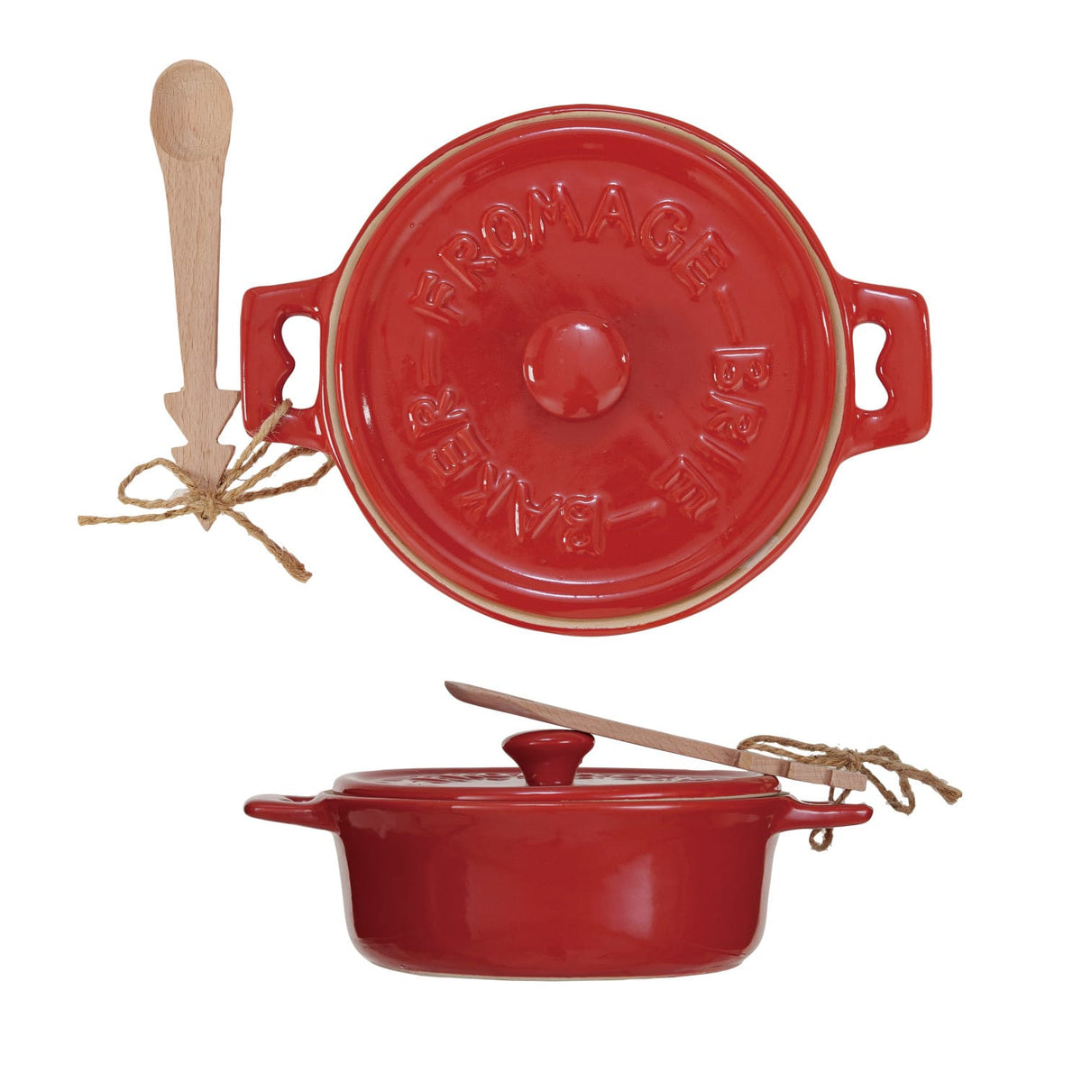 Red stoneware brie baker with lid embossed Fromage Baker and wood tree-shaped spreader spoon