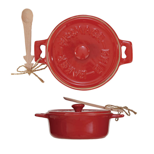 Red stoneware brie baker with lid embossed Fromage Baker and wood tree-shaped spreader spoon