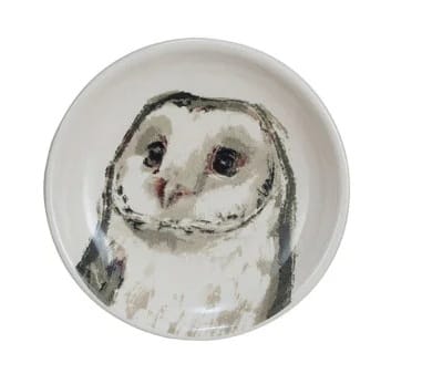 Round white stoneware dish featuring a painted barn owl portrait design