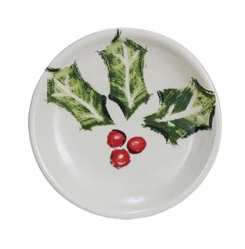 Small round white stoneware dish with painted holly leaves and red berries