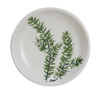 Small round white stoneware dish with green fern botanical branch pattern
