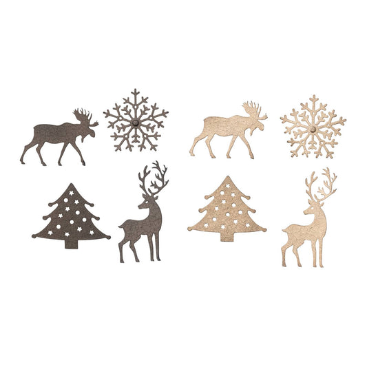 Textured metal holiday magnets in moose, snowflake, tree, reindeer shapes, gray and gold finishes