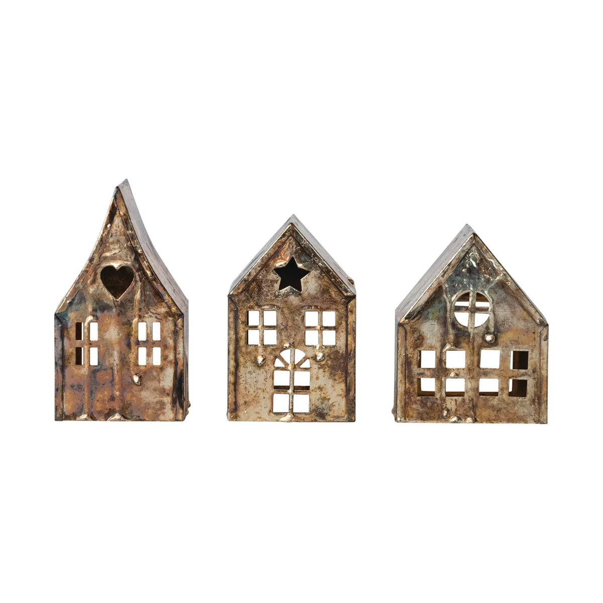 Set of three antiqued metal house tealight holders with cutout heart, star, and circle designs