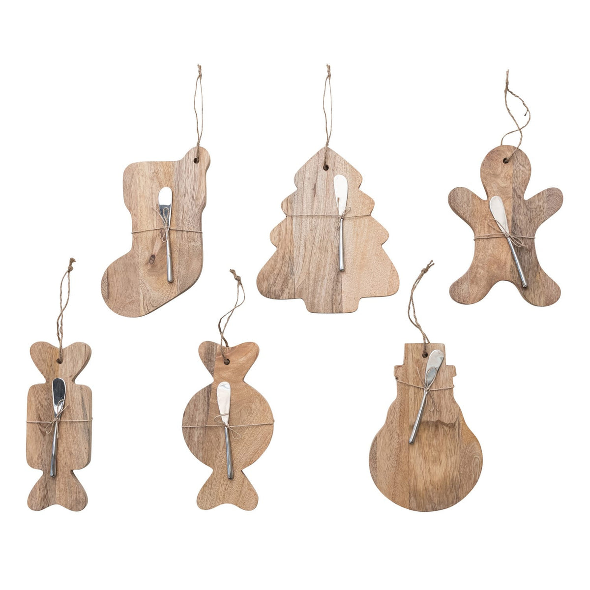 Six Christmas-shaped mango wood boards with canape knives tied with jute twine