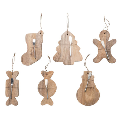 Six Christmas-shaped mango wood boards with canape knives tied with jute twine