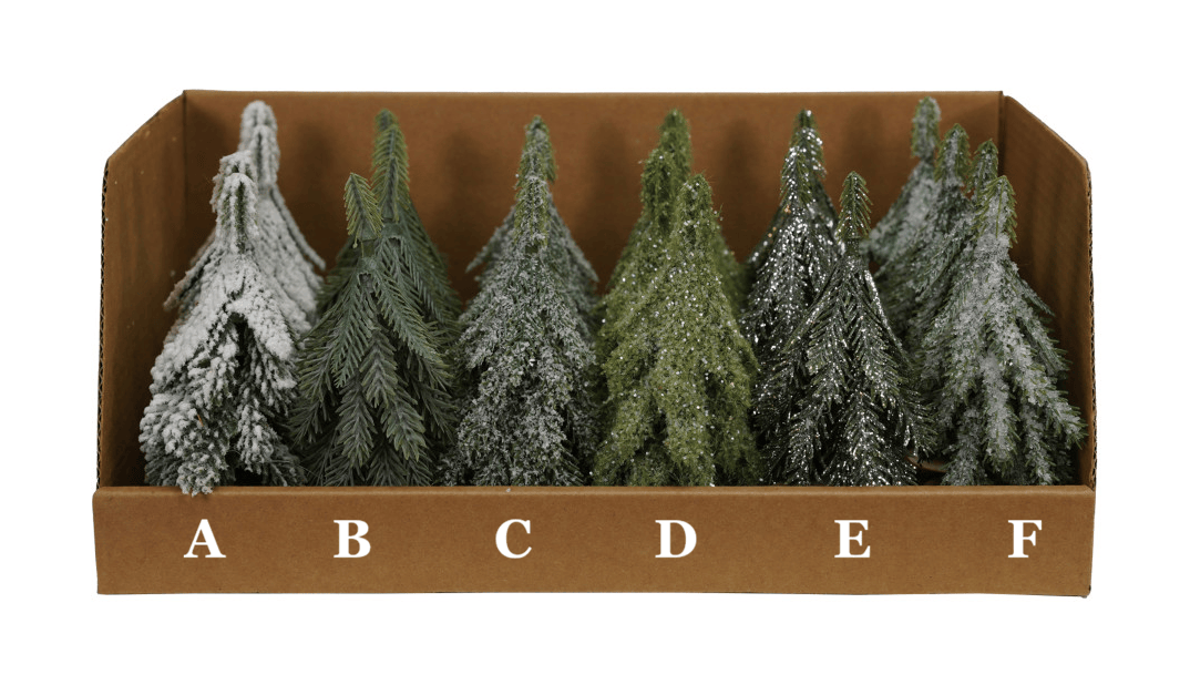 Six styles of faux snow-dusted and glittered evergreen miniature Christmas trees in display box