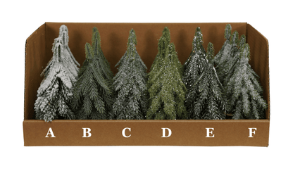 Six styles of faux snow-dusted and glittered evergreen miniature Christmas trees in display box