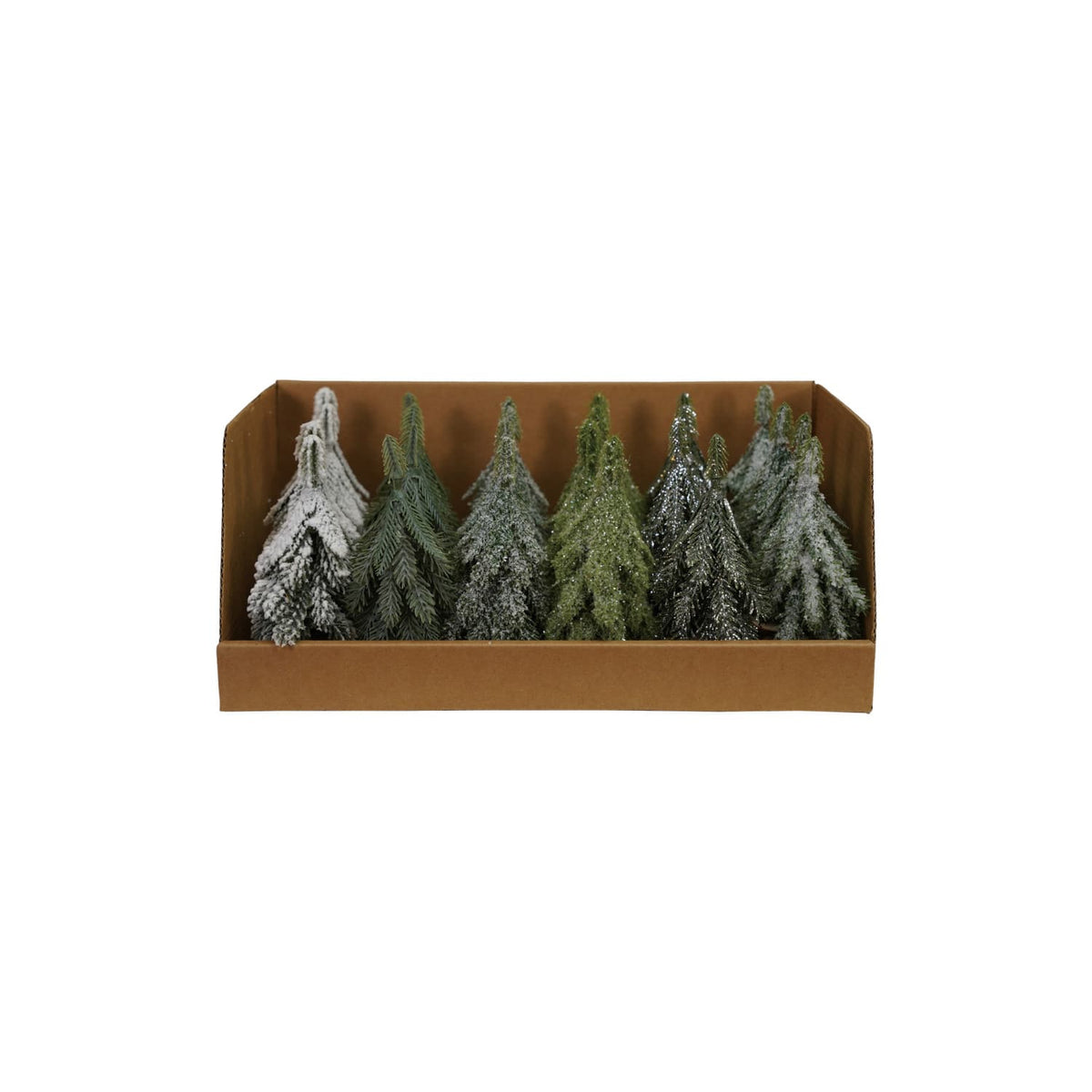 Miniature faux evergreen trees in snowy and green finishes displayed in cardboard tray