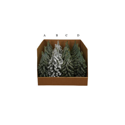 Four styles of faux evergreen mini trees in cardboard display box, one snow-flocked