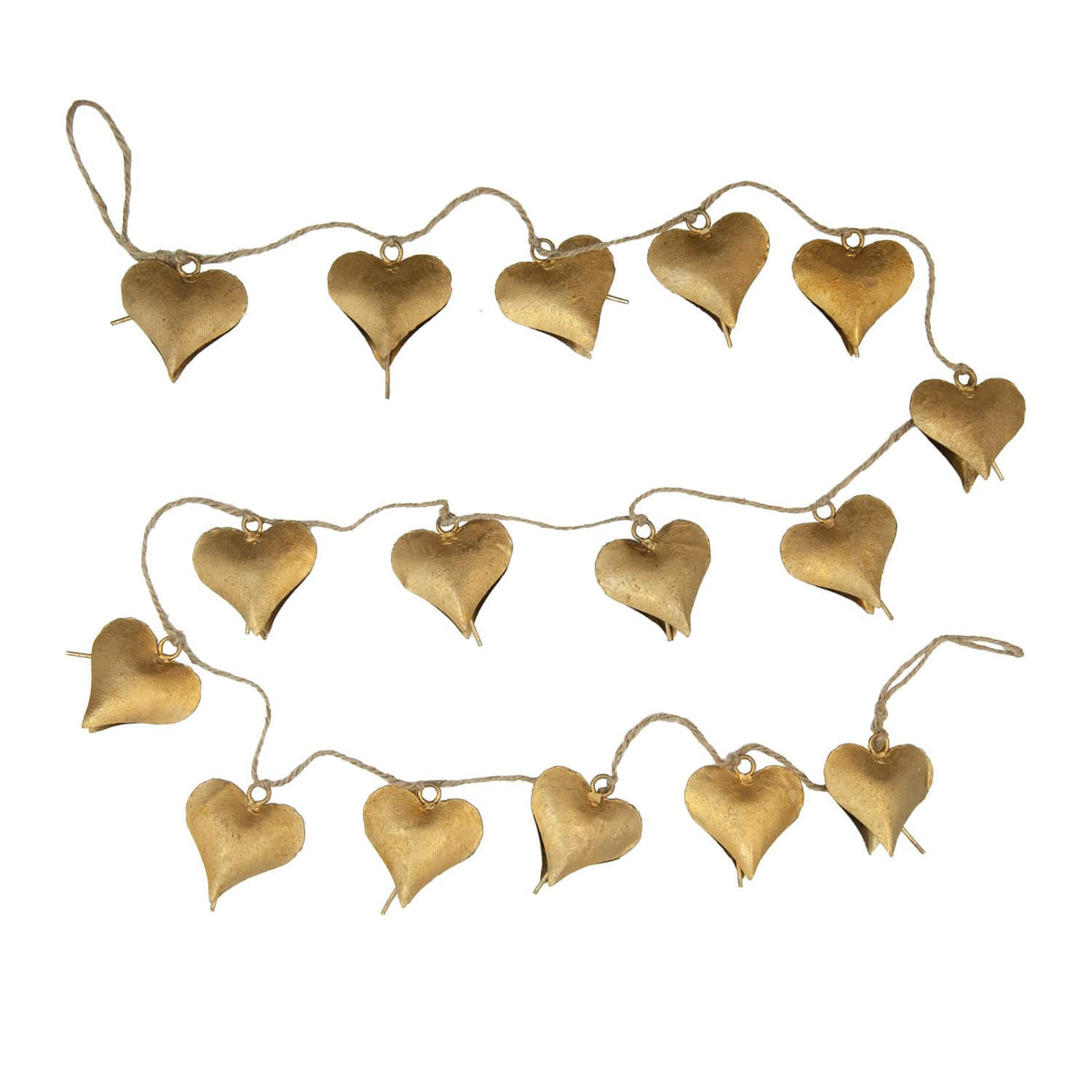 Gold metal heart-shaped bell garland strung on natural jute twine, 72 inches long