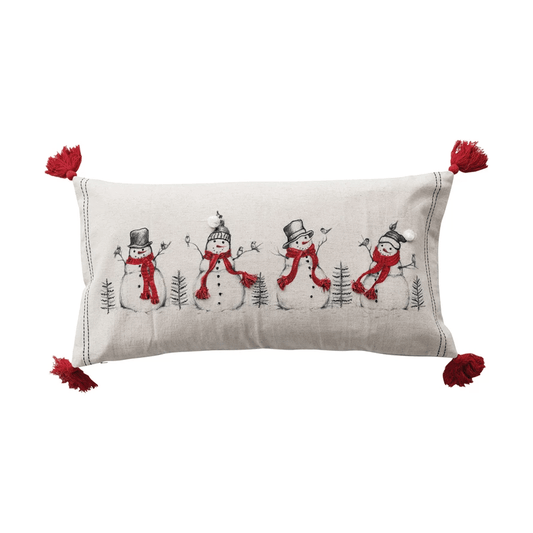Lumbar Pillow with Embroidered Snowmen & Birds Image