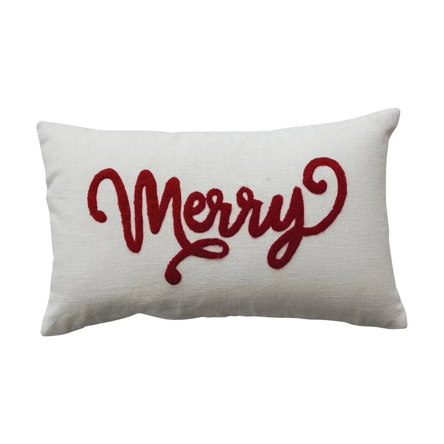 Cotton Slub Lumbar Pillow with Embroidered "Merry", Natural & Red