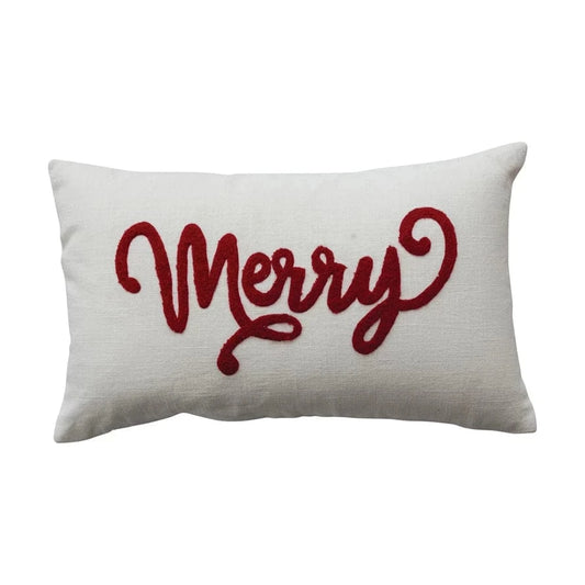 Cotton Slub Lumbar Pillow with Embroidered "Merry", Natural & Red
