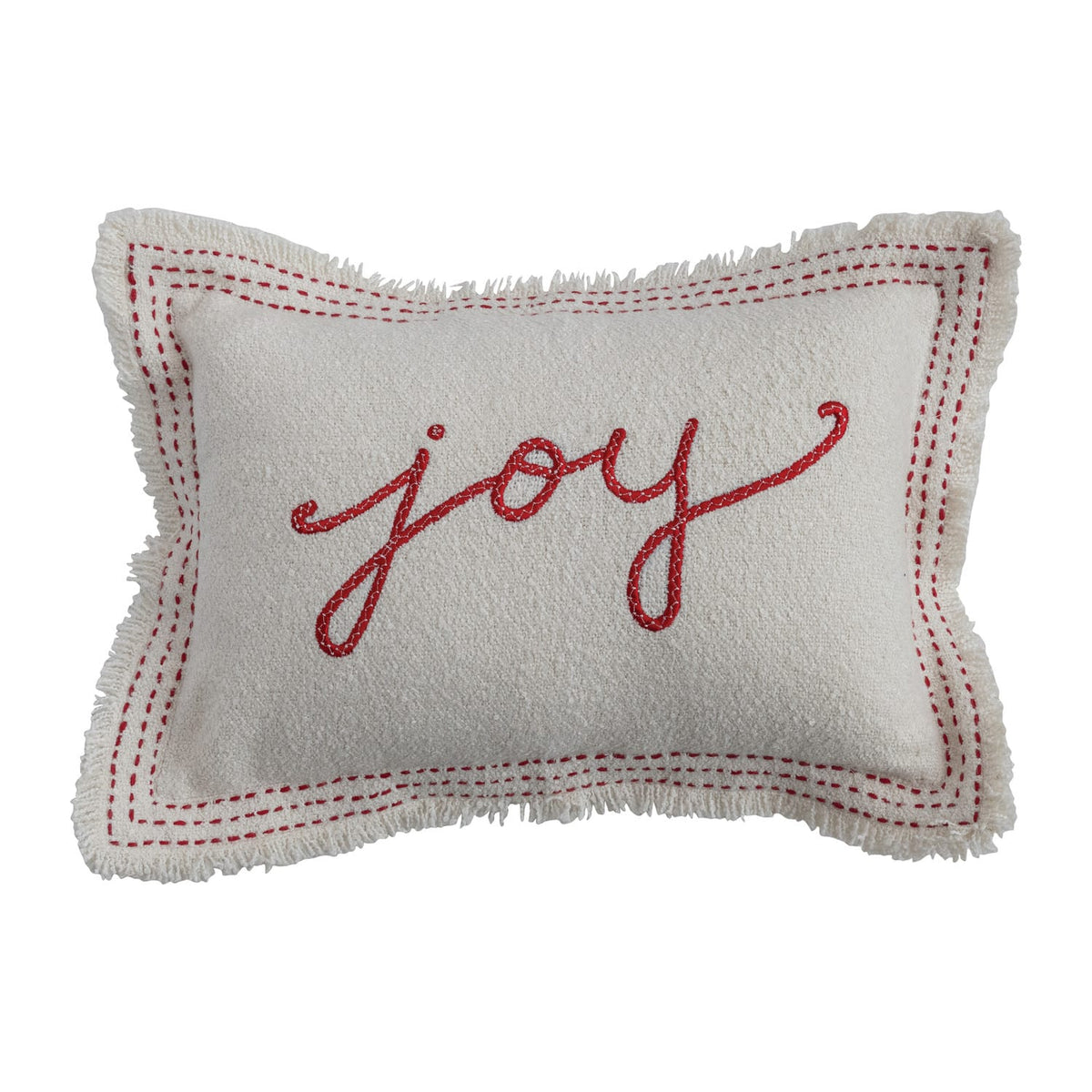 Ivory lumbar pillow with red embroidered Joy script and fringe trim
