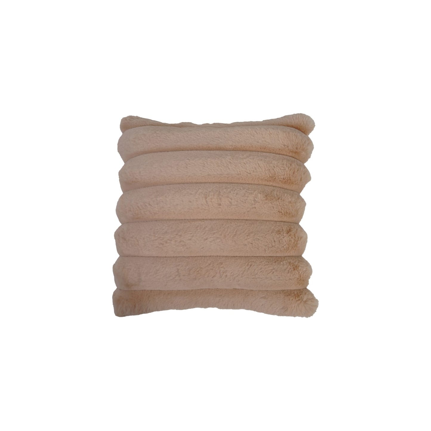 18 inch square faux fur pillow in tan with horizontal channel stitch quilting