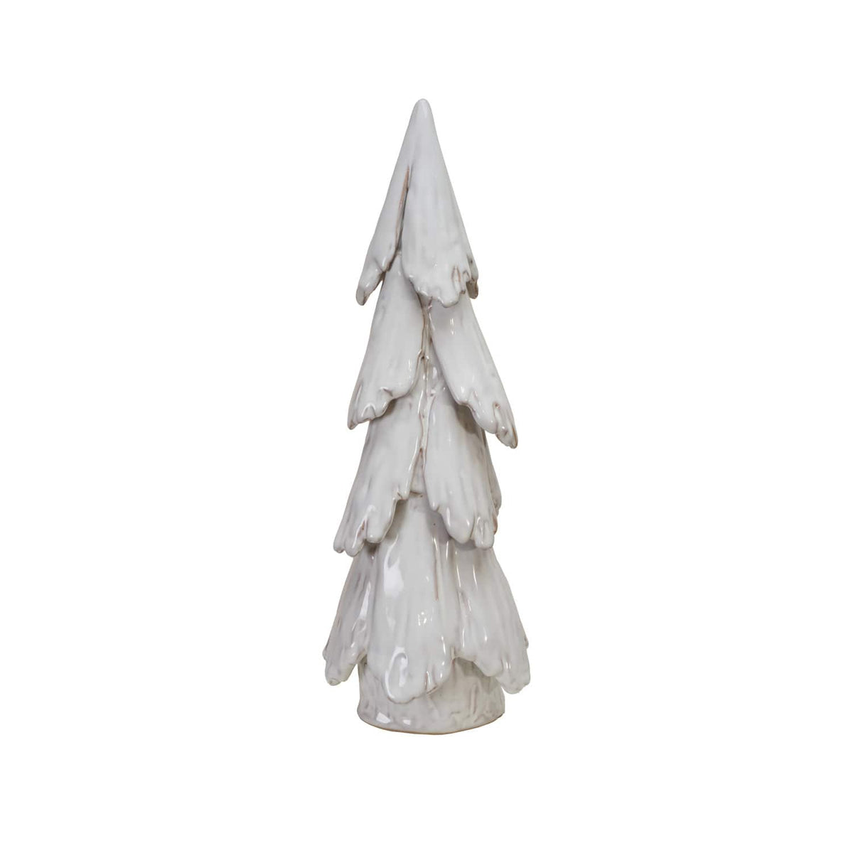 White glazed stoneware Christmas tree figurine with layered branches, 15 inches tall