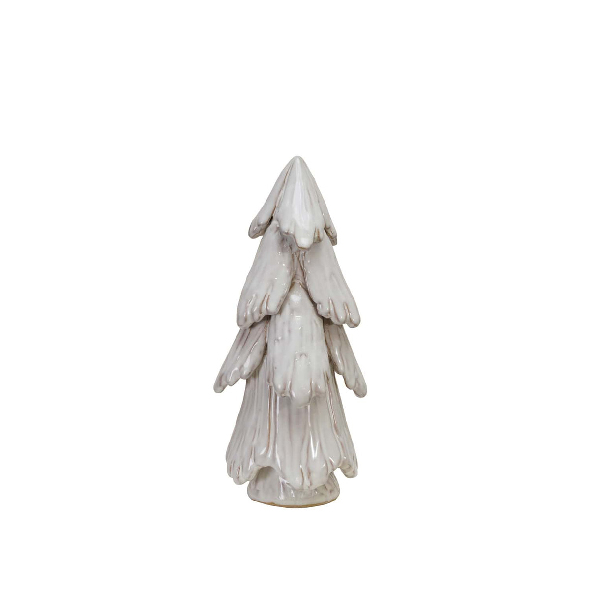 White glazed stoneware Christmas tree figurine with layered branch texture, 10.5 inches tall