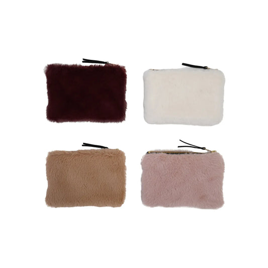 Faux fur zip pouches in burgundy, white, tan, and blush pink, four colors