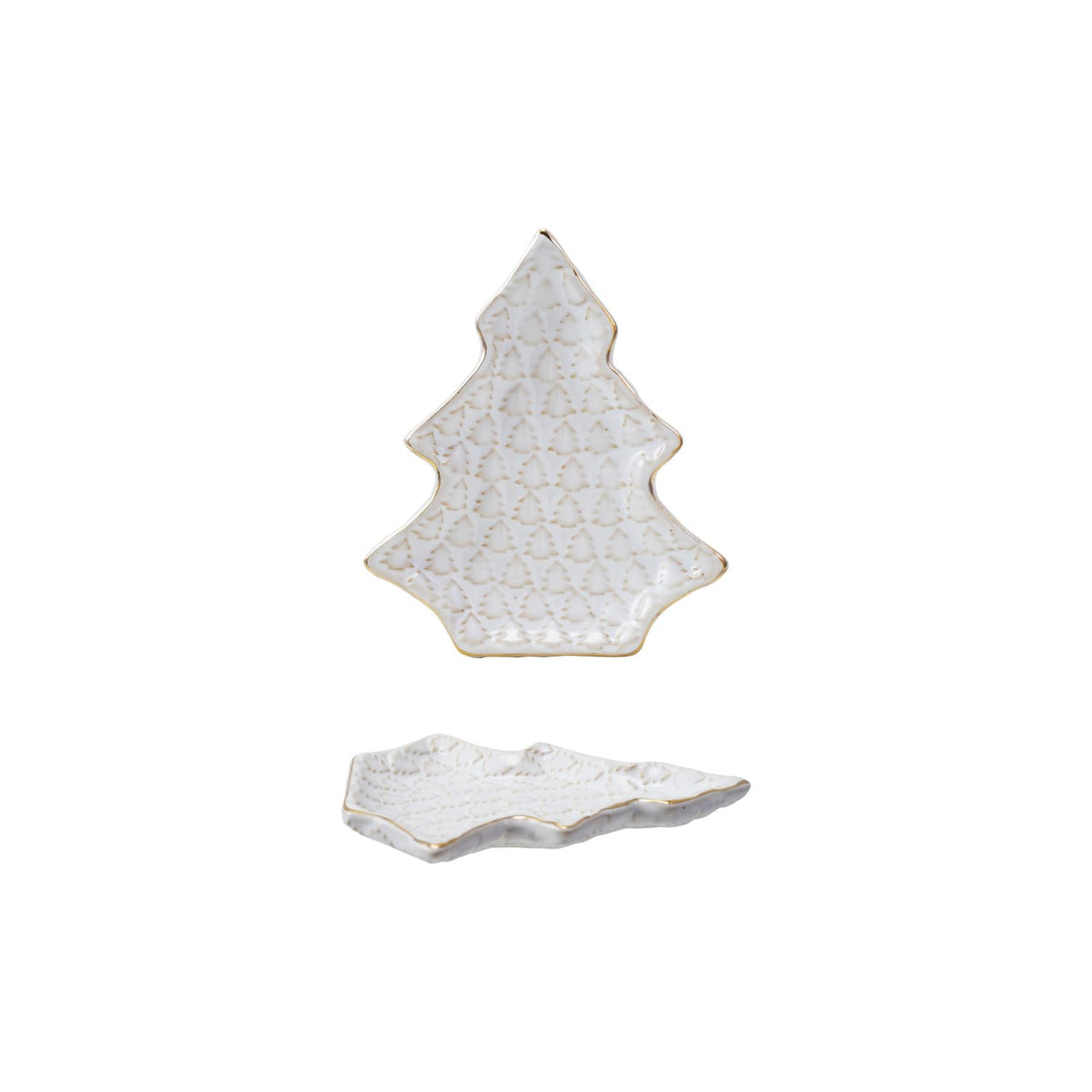 White stoneware Christmas tree shaped plate with gold trim and embossed tree pattern